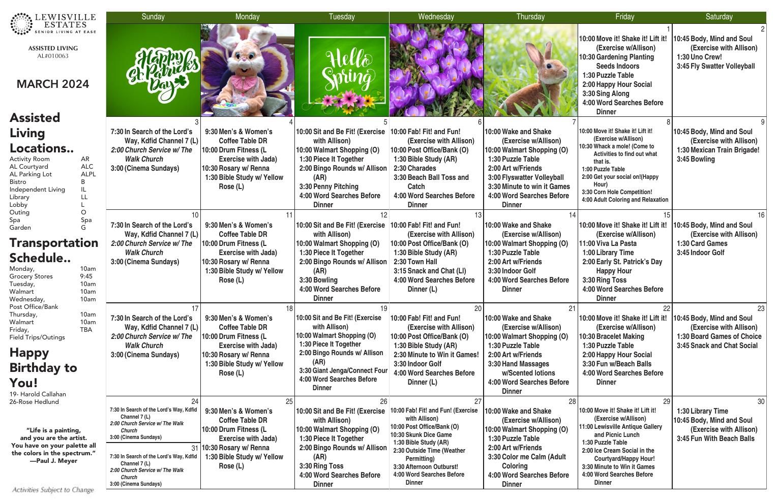 Assisted Living Event Calendar